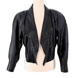 Philip Noel Cropped Black Leather Jacket Shoulder Pads Womens Small Vintage‎ 80s